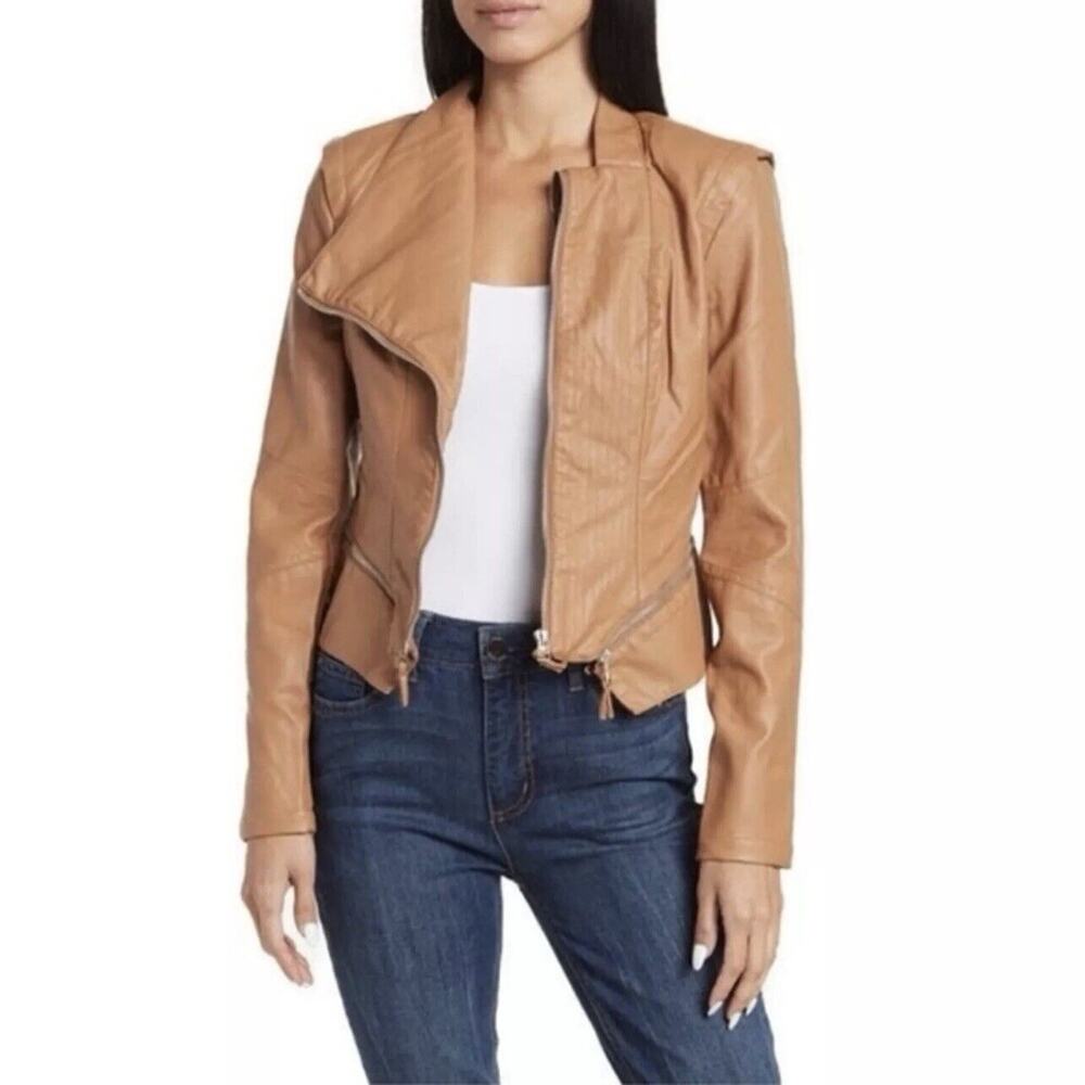 NEW Blank NYC Women’s M Vegan Faux Leather Moto Jacket Tan Brown Zipper